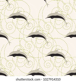 Seamless texture with a flock of dolphins under water, illustration for background