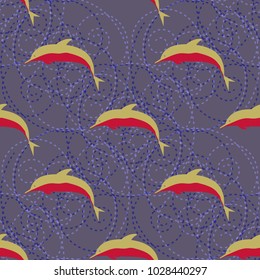 Seamless texture with a flock of dolphins under water, illustration for background