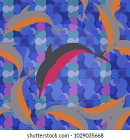 Seamless texture with a flock of dolphins under water, illustration for background