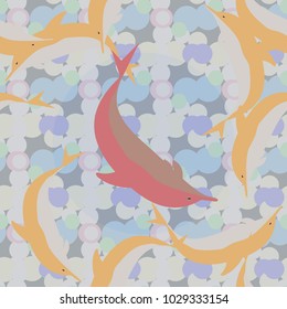 Seamless texture with a flock of dolphins under water, illustration for background