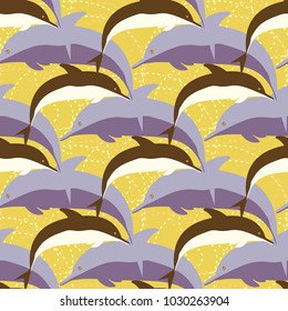 Seamless texture with a flock of dolphins under water, illustration for background