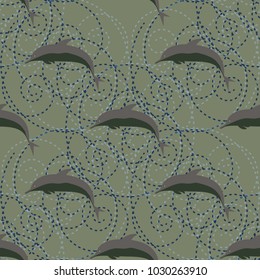 Seamless texture with a flock of dolphins under water, illustration for background