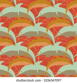Seamless texture with a flock of dolphins under water, illustration for background