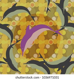 Seamless texture with a flock of dolphins under water, illustration for background