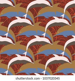 Seamless texture with a flock of dolphins under water, illustration for background