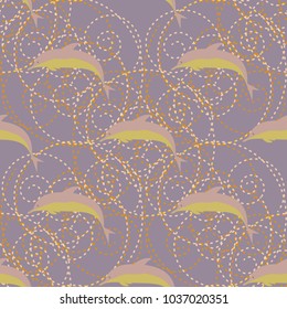 Seamless texture with a flock of dolphins under water, illustration for background
