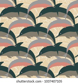 Seamless texture with a flock of dolphins under water, illustration for background