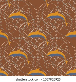 Seamless texture with a flock of dolphins under water, illustration for background