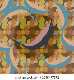 Seamless texture with a flock of dolphins under water, illustration for background