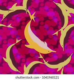 Seamless texture with a flock of dolphins under water, illustration for background