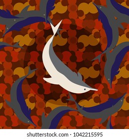 Seamless texture with a flock of dolphins under water, illustration for background