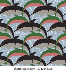 Seamless texture with a flock of dolphins under water, illustration for background