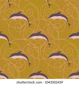 Seamless texture with a flock of dolphins under water, illustration for background