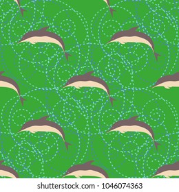 Seamless texture with a flock of dolphins under water, illustration for background