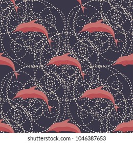 Seamless texture with a flock of dolphins under water, illustration for background
