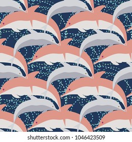 Seamless texture with a flock of dolphins under water, illustration for background