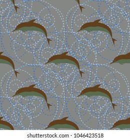 Seamless texture with a flock of dolphins under water, illustration for background