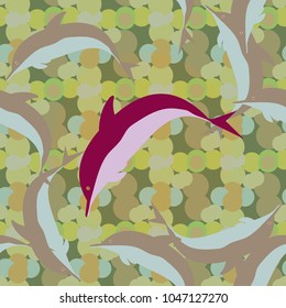Seamless texture with a flock of dolphins under water, illustration for background