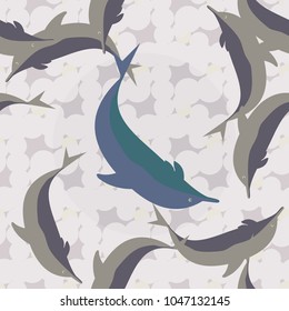 Seamless texture with a flock of dolphins under water, illustration for background
