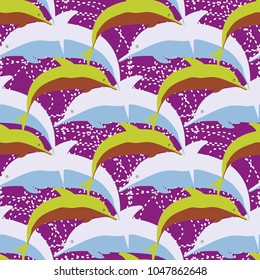 Seamless texture with a flock of dolphins under water, illustration for background