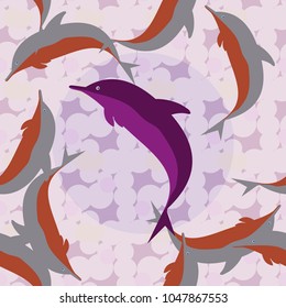 Seamless texture with a flock of dolphins under water, illustration for background