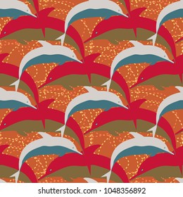 Seamless texture with a flock of dolphins under water, illustration for background