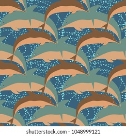 Seamless texture with a flock of dolphins under water, illustration for background
