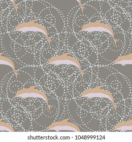 Seamless texture with a flock of dolphins under water, illustration for background