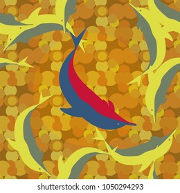 Seamless texture with a flock of dolphins under water, illustration for background