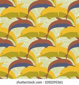 Seamless texture with a flock of dolphins under water, illustration for background