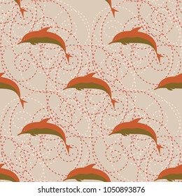 Seamless texture with a flock of dolphins under water, illustration for background