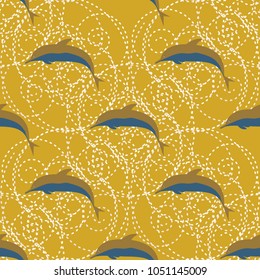 Seamless texture with a flock of dolphins under water, illustration for background