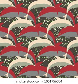 Seamless texture with a flock of dolphins under water, illustration for background