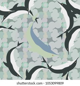 Seamless texture with a flock of dolphins under water, illustration for background