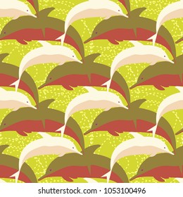 Seamless texture with a flock of dolphins under water, illustration for background