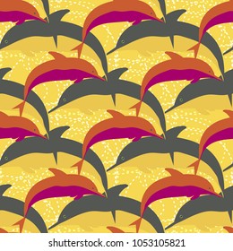 Seamless texture with a flock of dolphins under water, illustration for background
