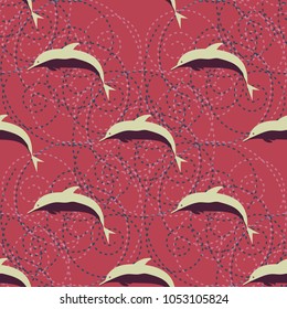 Seamless texture with a flock of dolphins under water, illustration for background