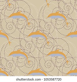 Seamless texture with a flock of dolphins under water, illustration for background