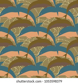 Seamless texture with a flock of dolphins under water, illustration for background