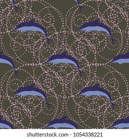 Seamless texture with a flock of dolphins under water, illustration for background