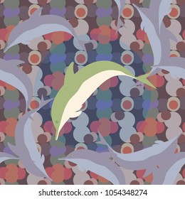 Seamless texture with a flock of dolphins under water, illustration for background