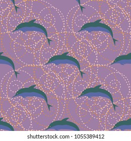Seamless texture with a flock of dolphins under water, illustration for background