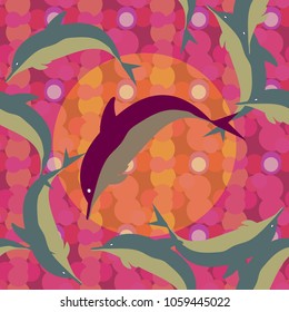 Seamless texture with a flock of dolphins under water, illustration for background