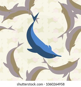 Seamless texture with a flock of dolphins under water, illustration for background