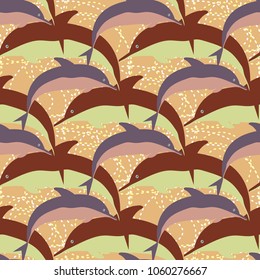 Seamless texture with a flock of dolphins under water, illustration for background