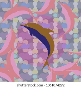 Seamless texture with a flock of dolphins under water, illustration for background