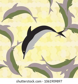 Seamless texture with a flock of dolphins under water, illustration for background