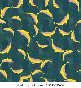 Seamless texture with a flock of dolphins under water, illustration for background