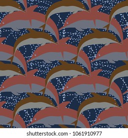 Seamless texture with a flock of dolphins under water, illustration for background