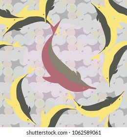 Seamless texture with a flock of dolphins under water, illustration for background